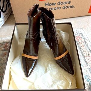 Louis Vuitton Brown Patent Leather Pointed Toe Ankle Booties with Tan Strap